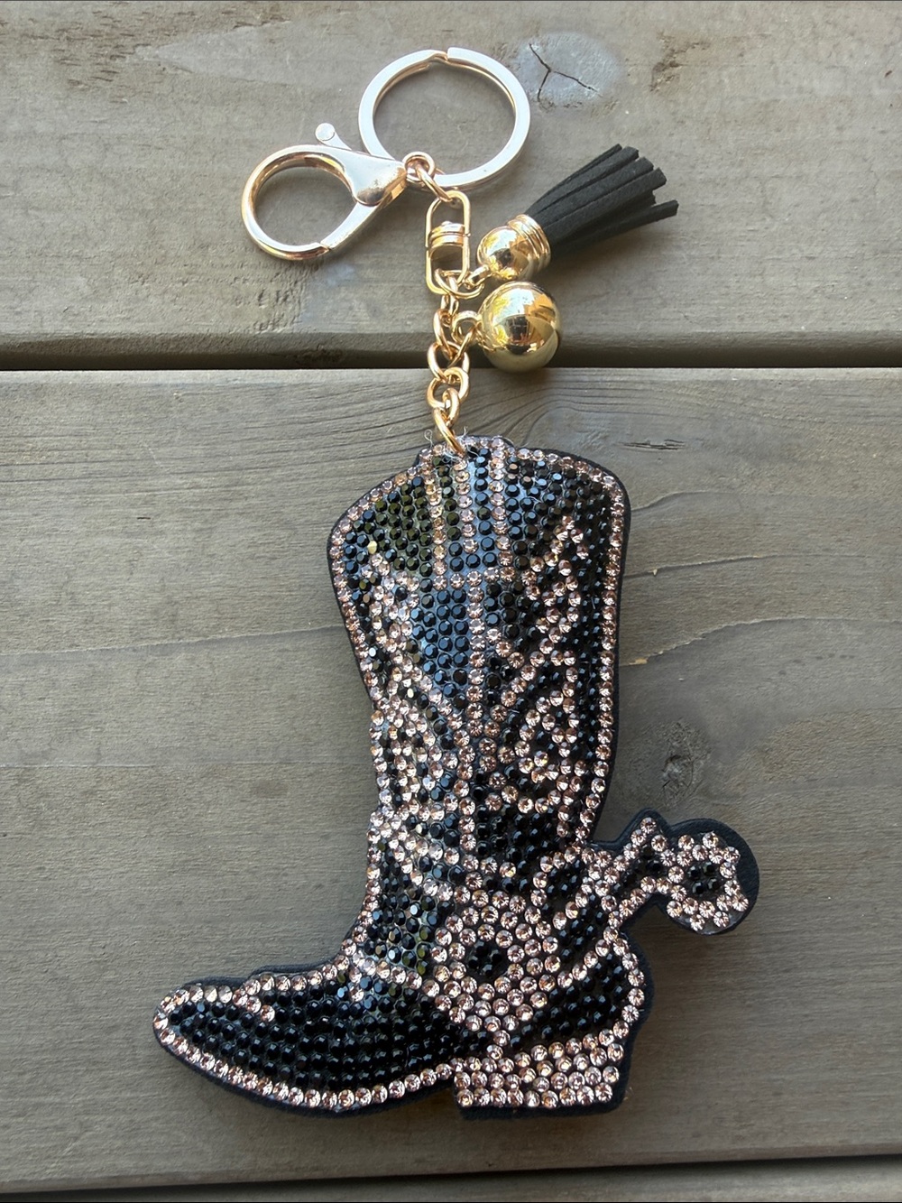 Rhinestone Cowboy Boot Keychain Card Holder - Black & Rose Gold